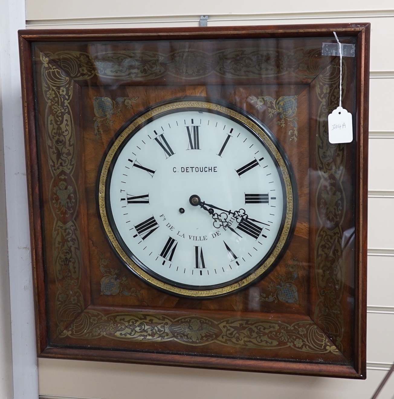 A 19th century French brass inset mahogany wall clock by Detouche of Paris, 57cm, height 57cm *Please note the sale commences at 9am.